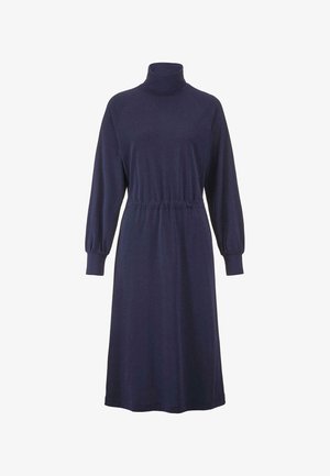 Abito blu navy con collo alto, maniche lunghe a raglan, vita arricciata e vestibilità morbida. Realizzato in tessuto morbido con una texture liscia.