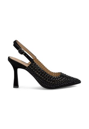 Scarpa nera a sottopiedi con tacco alto e punta affusolata, decorata con perline nere. Presenta una texture in suede e un tacco a blocco robusto.
