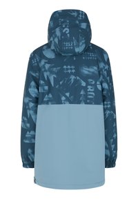 Giacca con cappuccio caratterizzata da una parte superiore blu con un motivo a fantasia che presenta motivi di montagne e alberi, e una sezione inferiore azzurra unita; polsini elastici.