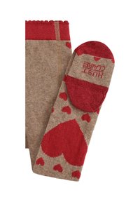 Calzini marroni con un bordo superiore rosso e motivi a cuore, con una consistenza morbida e una punta arrotondata, che mostrano un logo rosso.