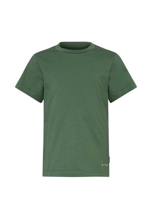 Maglietta verde in cotone a maniche corte con scollo rotondo, piccolo logo Vaude giallo vicino all'orlo inferiore su sfondo bianco.