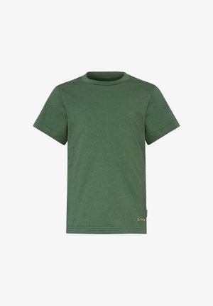 Grünes kurzärmliges Baumwoll-T-Shirt mit Rundhalsausschnitt und kleinem gelbem Vaude-Logo nahe dem unteren Saum vor weißem Hintergrund.