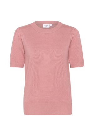 Gaiši rozā adīta blūze ar īsām piedurknēm, apaļu dekoltē, ribota tekstūra un nedaudz uzpūstām piedurknēm. Vienkārša dizaina, bez rakstiem vai akcentiem.