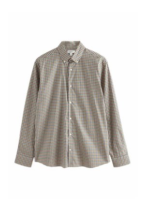 Long-sleeve button-up shirt with brown, orange, and green plaid pattern and buttoned collar, size medium.