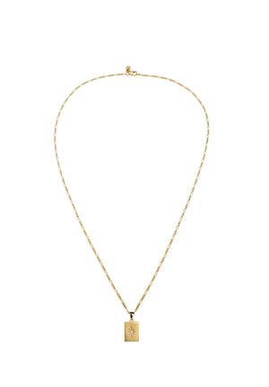 Delicate gold chain necklace with rectangular pendant featuring a small star design and central gemstone.