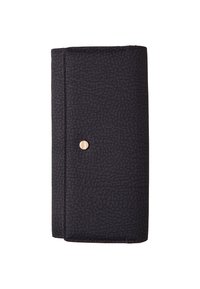 Portafoglio nero con texture e finitura satinata, dotato di una chiusura a scatto dorata e linee pulite. Design compatto, ideale per portare l'essenziale.