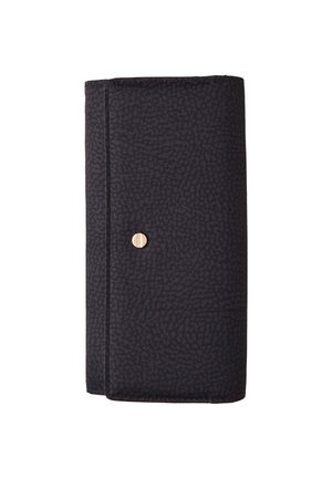 Portafoglio nero con texture e finitura satinata, dotato di una chiusura a scatto dorata e linee pulite. Design compatto, ideale per portare l'essenziale.