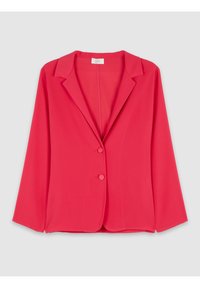 Blazer rouge, tissu léger, col cranté, fermeture à un bouton, manches longues, texture lisse, design minimaliste.