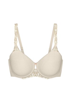 Beige gepolsterter BH mit strukturiertem Oberflächen, Spitze an den Trägern und einem kleinen dekorativen Detail in der Mitte. Verstellbare Träger für die optimale Passform.
