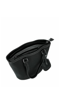 Schwarze Lederhandtasche mit weißer Naht, doppelten Griffen, Reißverschluss oben und gestreiftem Stoff-Innenfutter.
