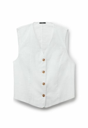 Gilet blanc sans manches avec col en V et quatre boutons marron sur le devant, fabriqué en tissu léger.