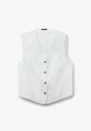 Gilet blanc sans manches avec col en V et quatre boutons marron sur le devant, fabriqué en tissu léger.