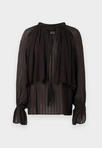 Zwarte, doorschijnende blouse met een hoge halslijn, gelaagd voorpand, elastische manchetten en decoratieve franje. Bevat een verticale streeptextuur.