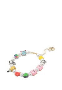 Colorful charm bracelet featuring pearl-like beads, pastel lettered blocks, playful shapes (heart, pencil, arrow), and metallic accents.