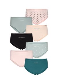 Seven pairs of women's cotton briefs in various colors, featuring day labels and patterns, including pastel green, pink, black, and teal.