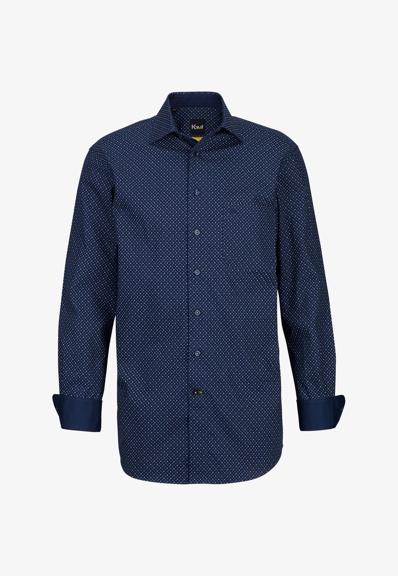 Camicia navy con bottoni, caratterizzata da un piccolo motivo a pois bianchi, maniche lunghe con risvolti e una tasca sul lato sinistro.