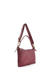 Woven leather handbag in burgundy, featuring an adjustable strap and gold-tone hardware, with a textured, structured design.