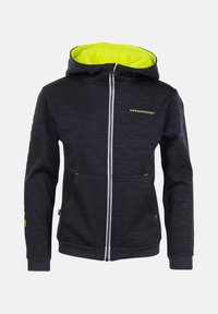 Felpa nera con zip e interno giallo neon. Dotata di tasche frontali, un tessuto testurizzato e dettagli stampati sulle maniche.