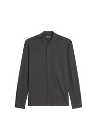 Ciemnoszara koszula z długim rękawem na guziki, z kołnierzykiem, pokazana na białym tle.