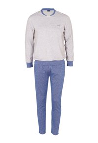 Felpa grigia chiara con accenti blu, scollatura rotonda; abbinata a pantaloni della tuta blu con vita elastica e polsini. Realizzata in tessuto comodo.