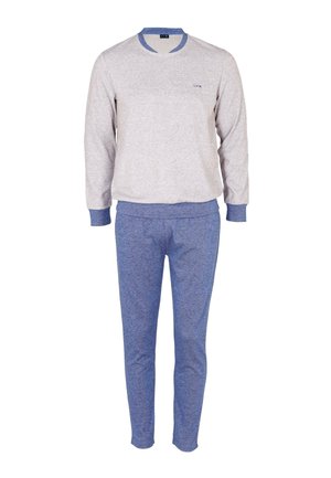 Felpa grigia chiara con accenti blu, scollatura rotonda; abbinata a pantaloni della tuta blu con vita elastica e polsini. Realizzata in tessuto comodo.
