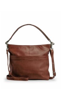 Sac en cuir marron avec une texture douce, doté d'une poignée supérieure unique et d'une bandoulière réglable. Comprend une poche avant et un logo subtil.