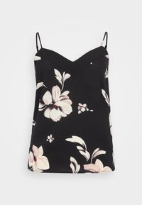 Svart blommig cami-top med V-urringning, tunna axelband och stora vita och rosa blommönster på ett slätt tyg.