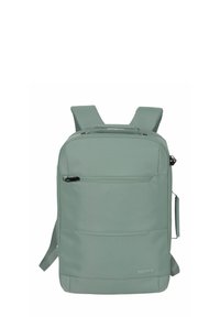 Sac à dos vert clair en tissu durable, avec des bretelles rembourrées, des poches zippées et une forme rectangulaire structurée.