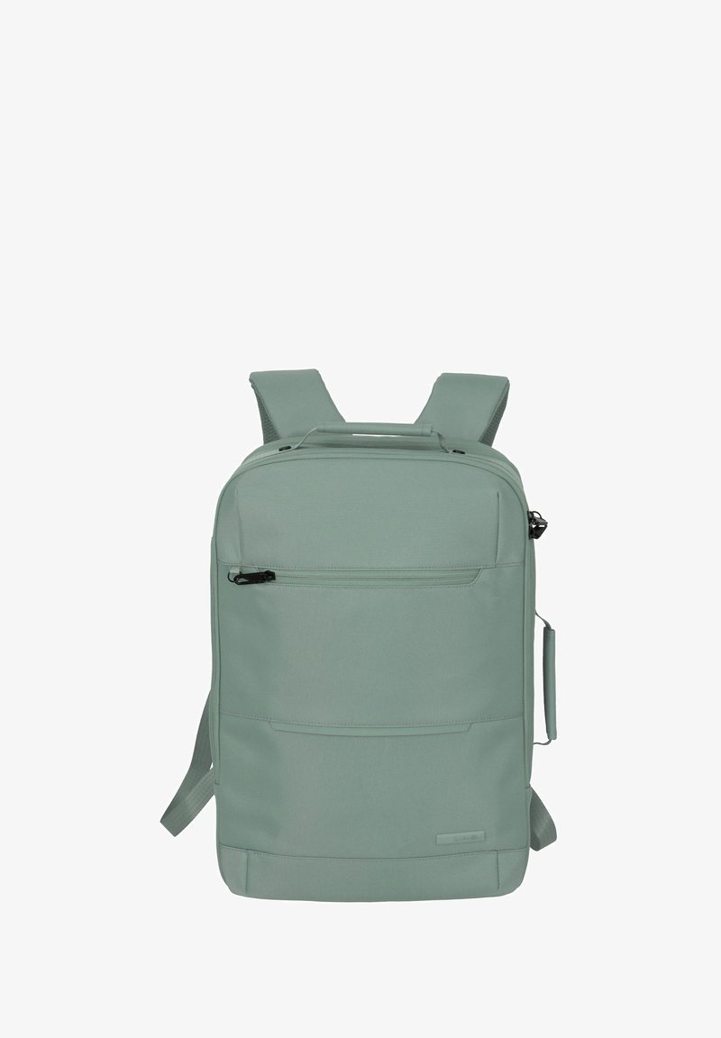 Sac à dos vert clair en tissu durable, avec des bretelles rembourrées, des poches zippées et une forme rectangulaire structurée.