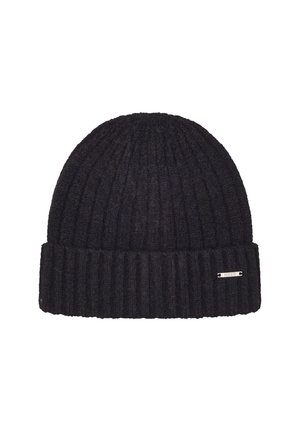 Black ribbed knit beanie with a folded cuff and a small metallic tag on the side. Warm, textured fabric suitable for cold weather.