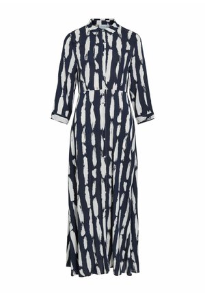 Dolga mornarska obleka z belim črtastim vzorcem, s kragnim izrezom, gumbnim zapenjanjem in tremi četrtinami rokavov, narejena iz lahkotnega materiala.