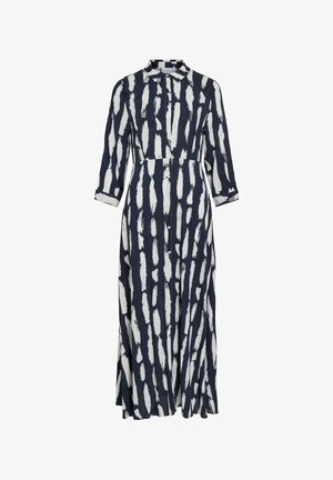 Dolga mornarska obleka z belim črtastim vzorcem, s kragnim izrezom, gumbnim zapenjanjem in tremi četrtinami rokavov, narejena iz lahkotnega materiala.