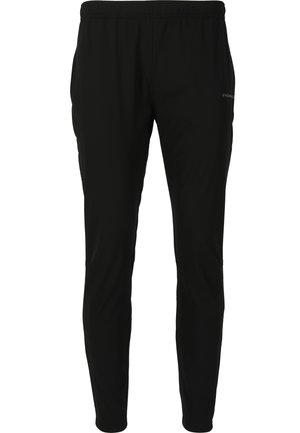 Pantalons de sport noirs avec une taille élastique, tissu lisse, jambes fuselées et poches latérales. Présente un logo discret sur la hanche.