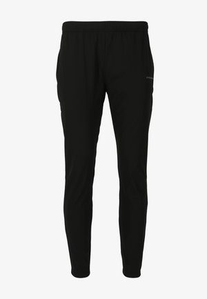 Black athletic pants with an elastic waistband, smooth fabric, tapered legs, and side pockets. Features subtle branding on the hip.