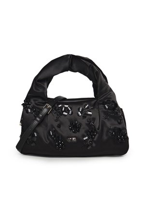 Zwarte satijnen handtas met gewatteerde handgreep, versierd met zwarte kralen in bloemmotief en een afneembare schouderriem.