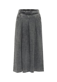 Grauer Jeansrock mit Falten, elastischem Bund, knielang und mit strukturierter Oberfläche. Einfaches Design ohne sichtbare Muster oder Verzierungen.