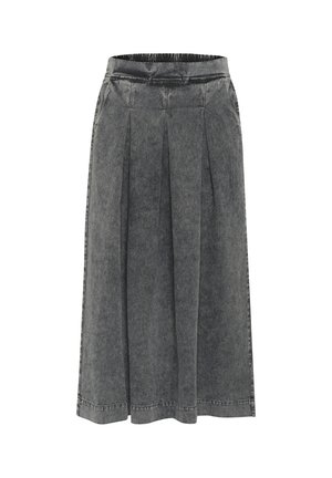 Grauer Jeansrock mit Falten, elastischem Bund, knielang und mit strukturierter Oberfläche. Einfaches Design ohne sichtbare Muster oder Verzierungen.