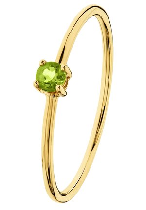 Goldring mit einem glatten Band, das einen runden, hellgrünen Edelstein in einer Vier-Prong-Fassung zeigt.
