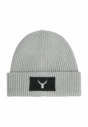 Gray knitted beanie with a ribbed texture, featuring a black rectangular patch displaying a white deer head graphic. Smooth fabric.