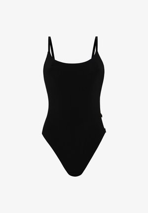 Sort badedragt i ét stykke med tynde, justerbare skulderstropper, rund halsudskæring og højt udsnit ved benene.