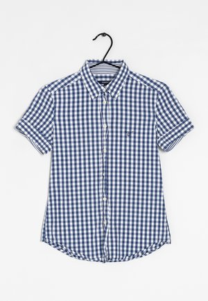 Camicia a maniche corte a quadri in cotone, con motivo gingham blu e bianco, colletto button-down e logo sul lato sinistro del petto.