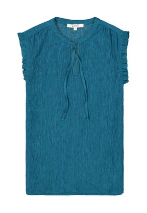 Haut teal à manches courtes avec une texture froissée, des manches volantes et un détail de nœud au cou. Fabriqué en tissu léger, conçu pour une coupe décontractée.