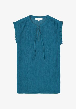 Türkises Kurzarmoberteil mit einer zerknitterten Textur, Rüschensäumen und einer Schleifen-Detail am Hals. Hergestellt aus leichtem Stoff, im entspannenden Schnitt gestaltet.