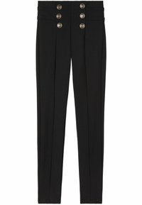 Pantaloni neri con vita alta, cinque bottoni decorativi e pieghe frontali. Realizzati in un tessuto liscio con vestibilità su misura.