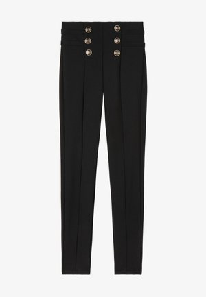 Pantalons noirs à taille haute, ornés de cinq boutons décoratifs et de plis à l'avant. Fabriqués dans un tissu lisse avec une coupe ajustée.
