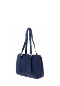 Sac à main en cuir bleu marine avec doubles poignées, forme rectangulaire, texture lisse, fermeture zippée et détails de couture subtils.