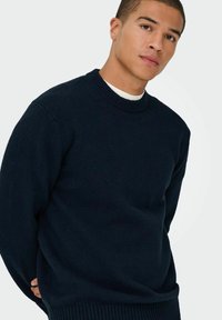 Maglione a maglia blu navy con scollatura tonda e polsini a coste. Realizzato in materiale morbido, presenta una vestibilità comoda con dettagli minimi.