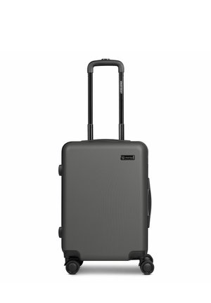 Maleta de carcasa dura color gris oscuro con cuatro ruedas giratorias y asa telescópica extendida, etiqueta de la marca "Smartbox" en la parte frontal superior derecha.