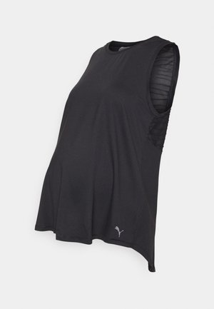 Zwarte, mouwloze zwangerschapsblouse met een ronde halslijn, gebogen zoom en textuur in de zijpanelen. Heeft een klein logo nabij de zoom.