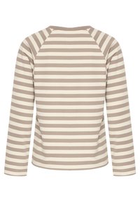 Haut à manches longues en rayures horizontales beige et crème, avec un col rond et des manches raglan. Tissu doux avec une texture lisse.